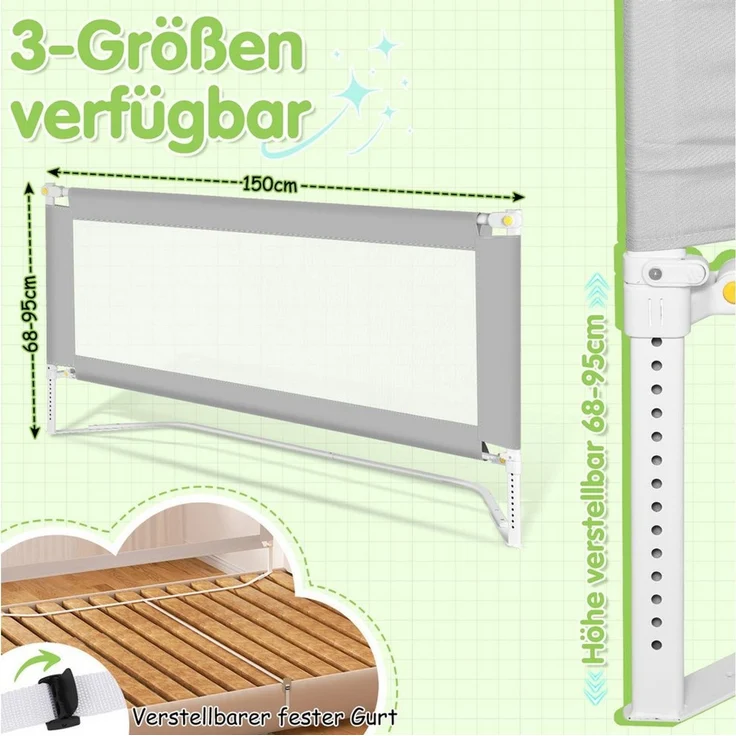 Clanmacy Bettschutzgitter Bettgitter Kinderbettgitter 150/180/200cm Bettschutzgitter Kinder Baby – Bild 2