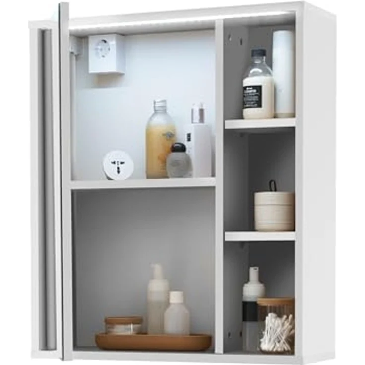 GREECE Spiegelschrank Bad mit LED-Beleuchtung in Weiß - Badezimmerspiegel Schrank mit viel Stauraum - 60 x 70 x 20 cm (B/H/T) – Bild 5