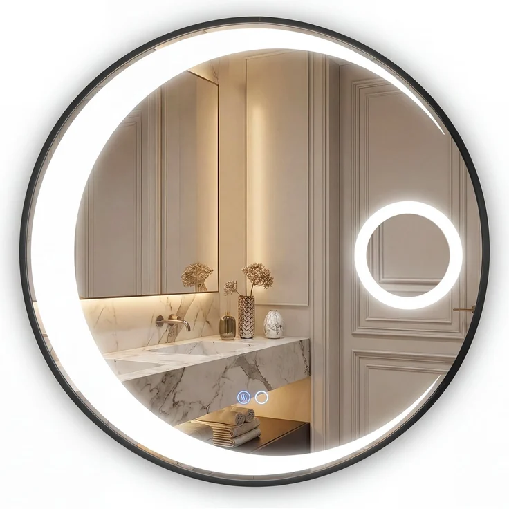 61 cm rundes Badezimmerspiegel Badspiegel mit Aluminiumrahmen runder Wandspiegel Schminkspiegel Schwarz – Bild 1
