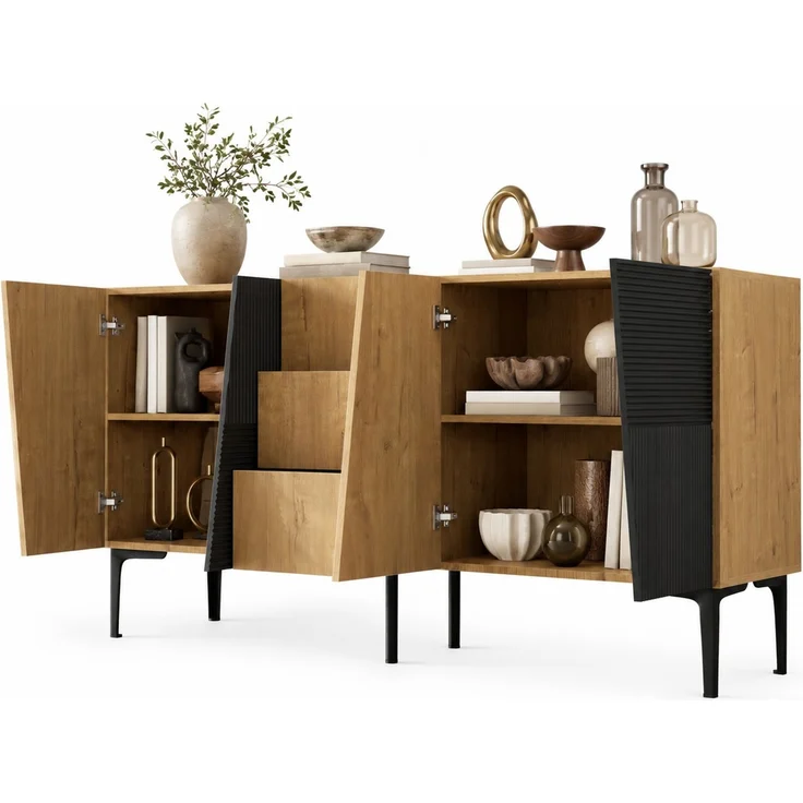 DESVIAE Sideboard Natural-Schwarz aus Spanplatte – 160x80x40 cm – 4 Türen, 3 Schubladen – Bild 7