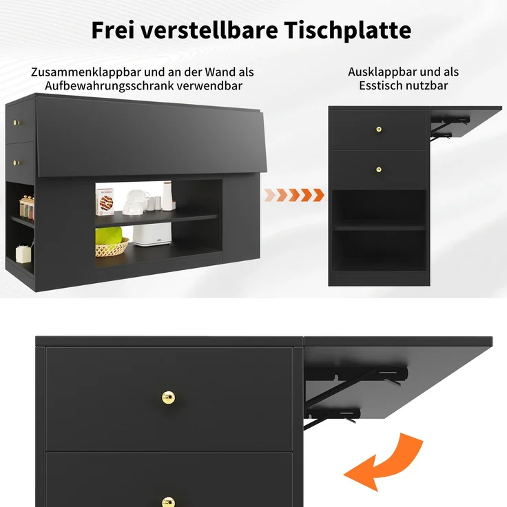 Kücheninsel 140 x 40 x 90 cm mit Schubladen, Regalen & klappbarer Tischplatte – Multifunktionale Kücheninsel,Schwarz – Bild 6
