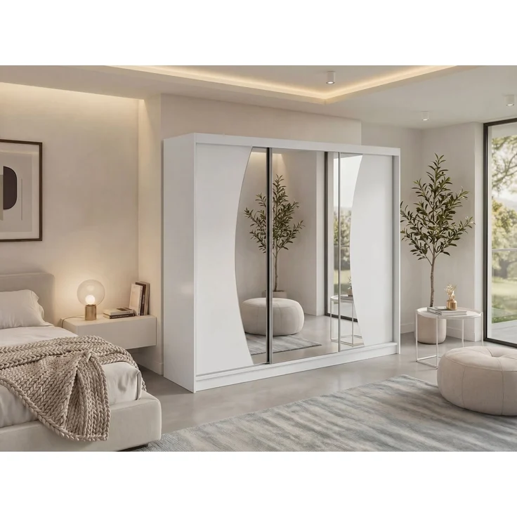 Schwebetürenschrank VERONA mit großer Spiegelfront, moderner Kleiderschrank, Breite 240 cm - Weiß, inkl. Innenausstattung - mit Schubladen – Bild 1