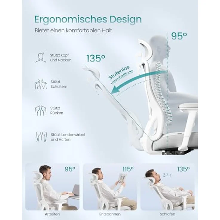 SONGMICS Bürostuhl ergonomisch, Schreibtischstuhl, Computerstuhl, verstellbare Lenden- und Kopfstütze, bis 150 kg belastbar, höhenverstellbar, Taubengrau OBN066GD01 – Bild 5