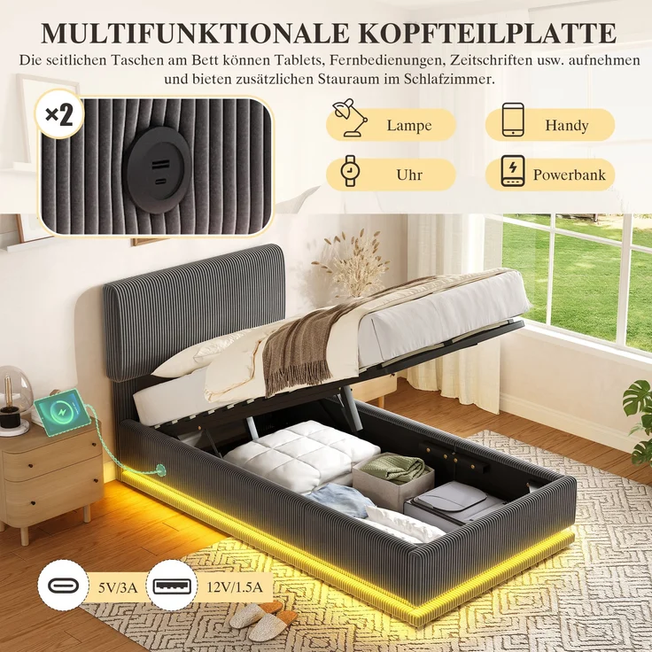 Polsterbett, Cord-Samt mit LED & USB-Anschluss, Stauraum, 91x207x102/107/112 cm, Dunkelgrau, ohne Matratze – Bild 6