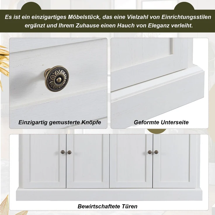 Sideboard Weiß mit Naturholz-Optik, 4 Türen 2 Schubladen, großer Stauraum, Wohnzimmer Anrichte Buffetschrank – Bild 6