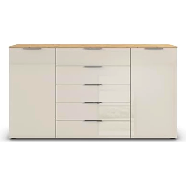 Rauch Möbel Flipp, Kommode für Schlafzimmer, Kinderzimmer, Wohnzimmer, Jugendzimmer, Flur, Garderobe, 2-türig, 5 Schubladen, mit Softclose-Funktion, Farbe Eiche Artisan, Holz/Glas Beige, Breite 180 cm – Bild 6