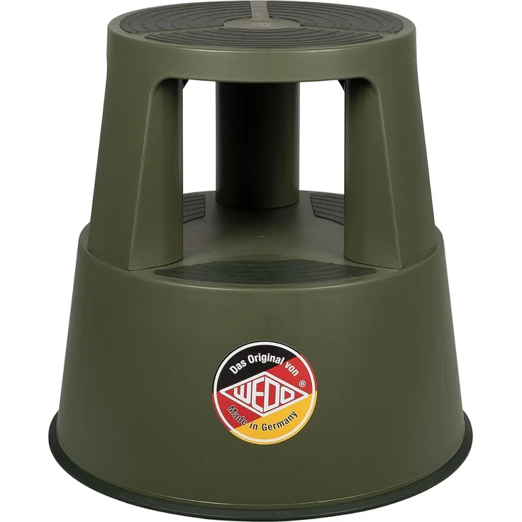 WEDO x FRNK Rollhocker Super Step – robuster Tritthocker aus Kunststoff, TÜV/GS-geprüft nach EN 14183-F, rutschfest, rollbar, Made in Germany, Höhe ca. 43 cm, Tragkraft 150 kg, Olivgrün