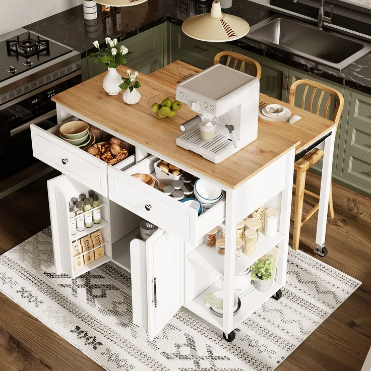 Kücheninsel, Multifunktionaler Servierwagen mit Holzmaserung & großem Stauraum, Mobiler Buffetschrank, Küchenwagen für Esszimmer, Wohnzimmer, Küche, Weiß