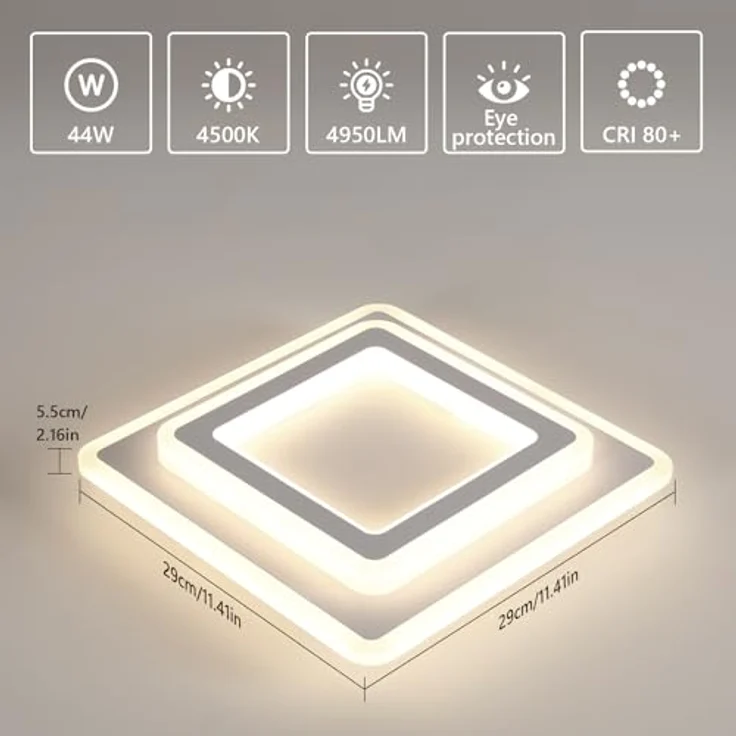 Goeco Quadratisch Deckenleuchte LED 44W LED Deckenlampe Wohnzimmer Moderne aus Metal 4500K Neutrales Licht LED Lampen Deckenbeleuchtung Acryl für Flur, Küche, Schlafzimmer, Weiß 29x29 cm – Bild 3