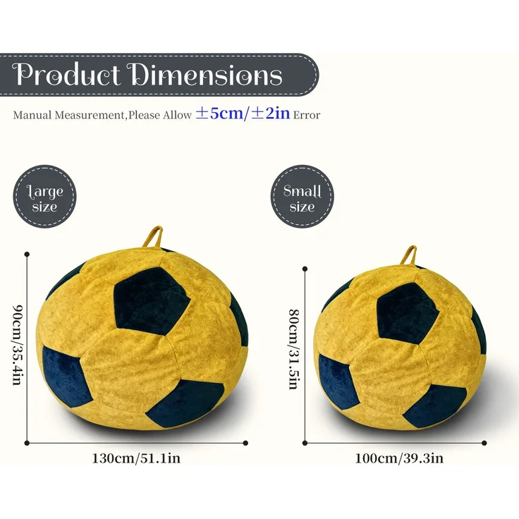 Großer, fußballförmiger Sitzsack, mehrfarbige Ziernähte, bequemes Sofa zum Entspannen im Schlafzimmer, Wohnzimmer oder in der Leseecke, ideal für Erwachsene und Jugendliche – Blau + Gelb – 52 x 43,5 x 31,5 cm – YOUDENOVA – Bild 5