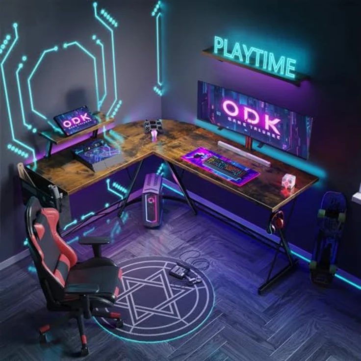 ODK Gaming Tisch, Computertisch, Gaming Schreibtisch mit runder Ecke, Gaming-Tisch mit Monitorablage (Weinlese, 167x120 cm) – Bild 5