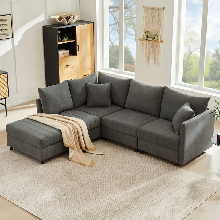 ZUBALIYA Modulare Wohnlandschaft, modular kombinierbar, mit Hocker, H 85 × T 194 × B 220 cm, Grau, Leinenoptik