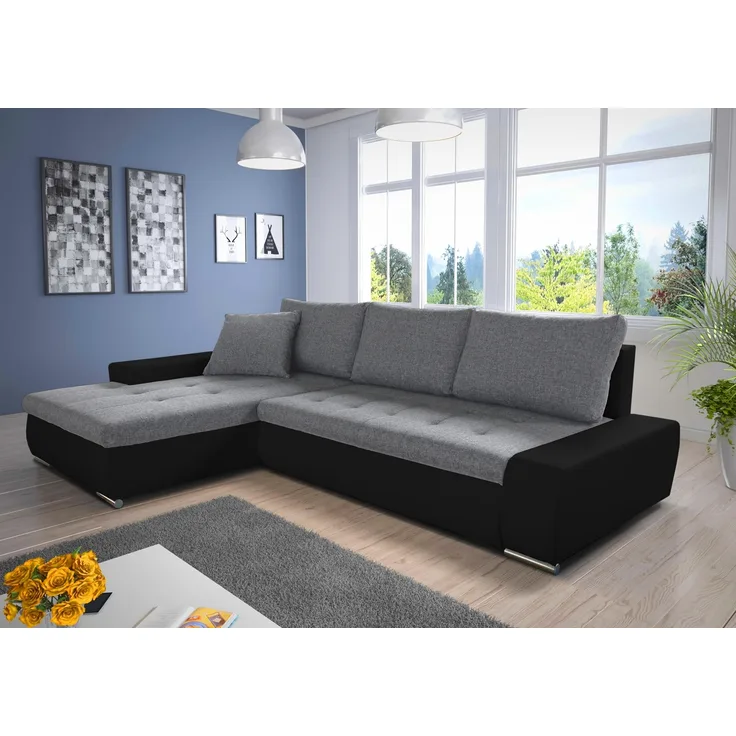 Ecksofa mit Schlaffunktion Faris - Couch mit Bettkasten, Big Sofa, Sofagarnitur, Couchgarniitur, Polsterecke (Schwarz + Grau (Madryt 1100 + Inari 91), Ecksofa Links)
