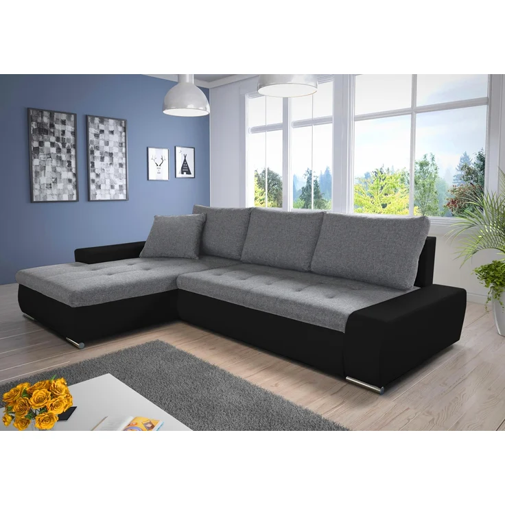 Ecksofa mit Schlaffunktion Faris - Couch mit Bettkasten, Big Sofa, Sofagarnitur, Couchgarniitur, Polsterecke (Schwarz + Grau (Madryt 1100 + Inari 91), Ecksofa Links) – Bild 1