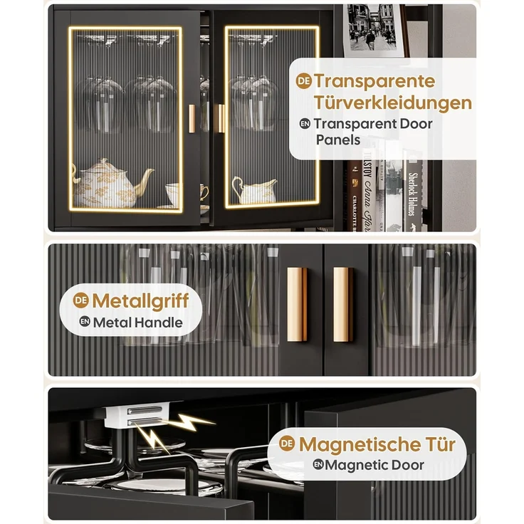 Yorbay Weinregal Freistehender Bodenständer in Schwarz mit Glastüren 4-Etagen, Weinflaschen-Display mit Seitentablaren & Glasaufbewahrung – Bild 4