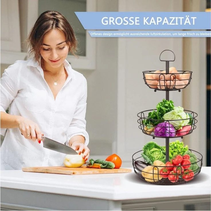 Diwzbyn Etagere 3-stöckige Obst-Etagere aus Metall im Bronzeton – stilvolle Obstschale, Metall, zur Aufbewahrung von Obst, Gemüse und Snacks für die Küche – Bild 2