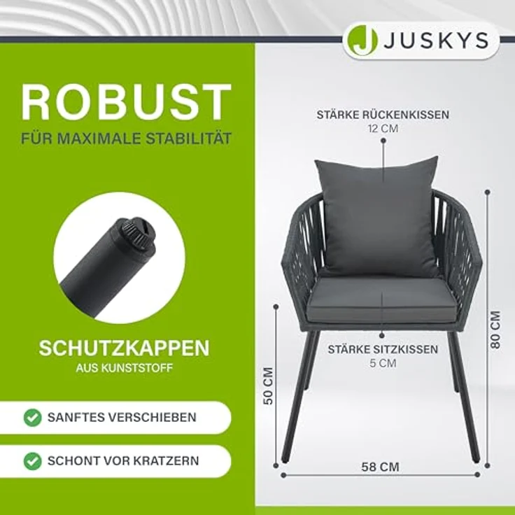 Juskys Rope Stühle 2er Set - Gartenstühle mit Seilgeflecht & Polster - wetterfester & bis 160 kg belastbar - Stahl mit Pulverbeschichtung - Dunkelgrau – Bild 3