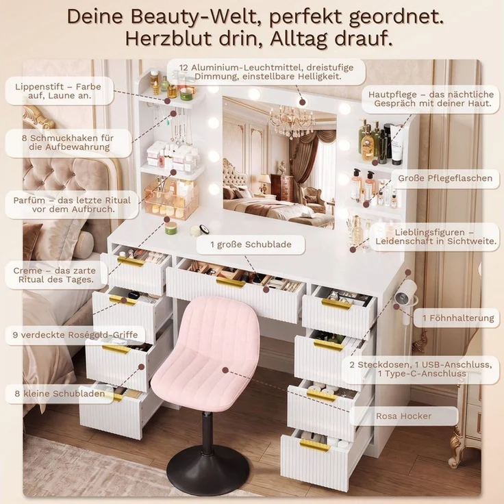 HOMALL Schminktisch LED-Beleuchtung, optional als Set mit Hocker erhältlich (Maße: 108 × 40 × 137 cm, 6 offene Ablagefächer, mit Schmuckhaken, 9 Schubladen, ausgestattet mit 1 USB-Anschluss, 1 Ladeanschluss, 2 Steckdosen und 1 Föhnanschluss, weiß-schwa... – Bild 4