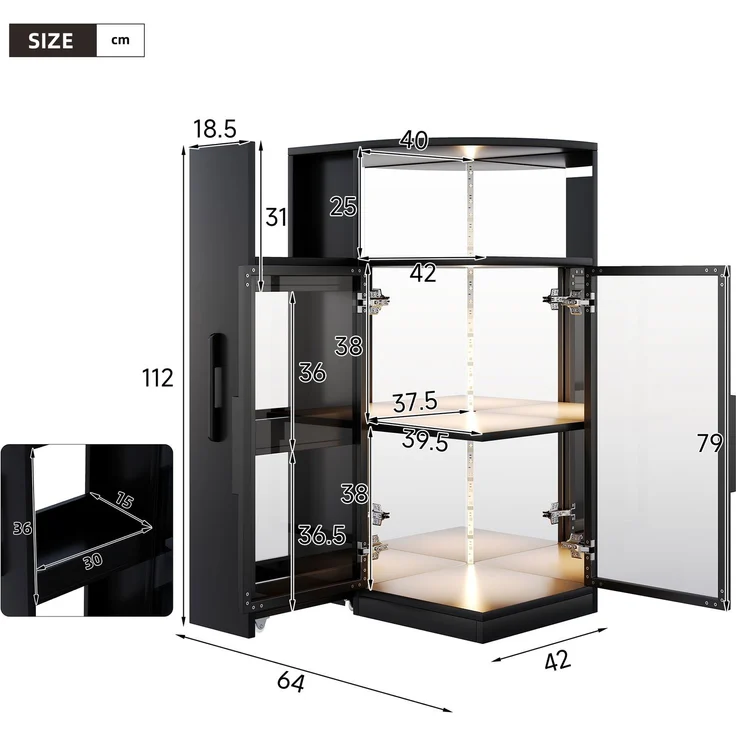 Glasvitrine 64 x 42 x 112 cm in Schwarz mit LED-Beleuchtung und ausziehbarem Seitenschrank – Bild 4