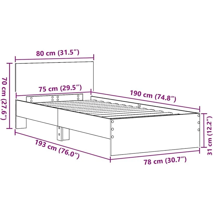 vidaXL Bettrahmen Schwarz Eichen-Optik 75 x 190 cm Holzwerkstoff 871662 – Bild 10