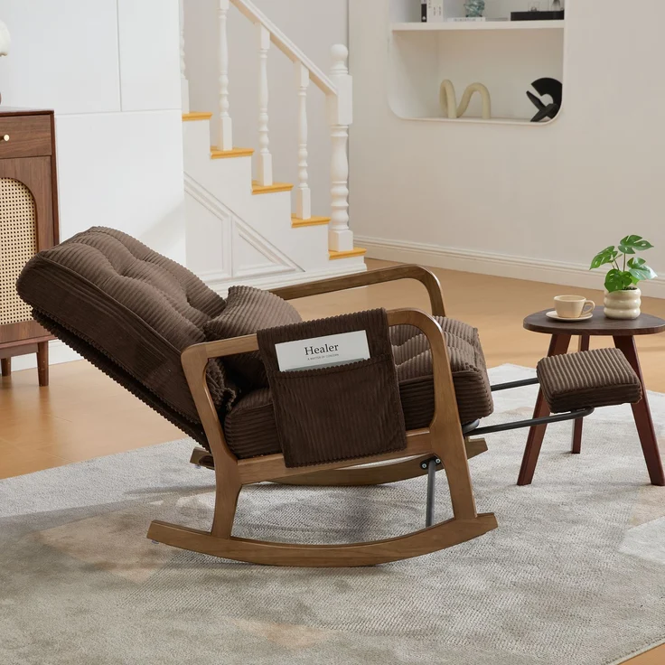 LVHOM Schaukelstuhl mit ausziehbarer Fußstütze, Relaxsessel mit verstellbare Rückenlehne, Loungesessel mit Seitentasche, bis 150 kg belastbar, Braun – Bild 9