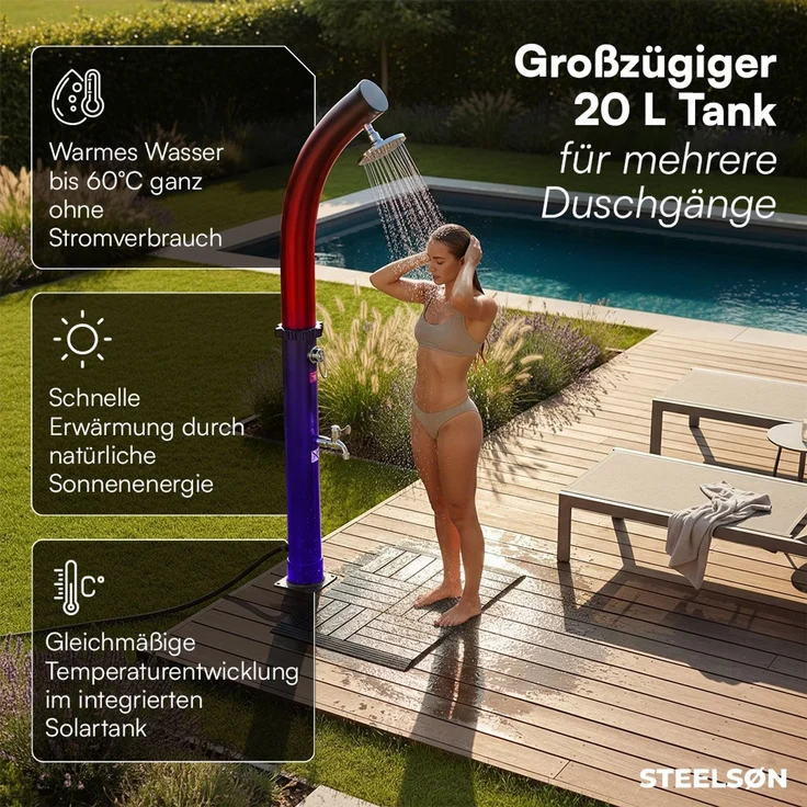 STEELSØN 'Selara' Solardusche 20 Liter, schwarz, warmes Wasser bis 60°C, Gartendusche mit schwankendem Regenduschkopf und Wasserhahn, Outdoor Dusche inkl. Schutzhaube und Kunststoffboden – Bild 2