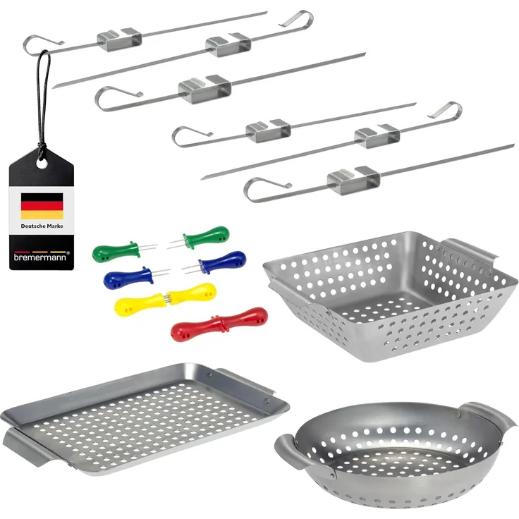 Veggie Grill-Set 13tlg. Grillkörbe, Grillplatten, Grillspießen und Maiskolbenhaltern aus rostfreiem Edelstahl