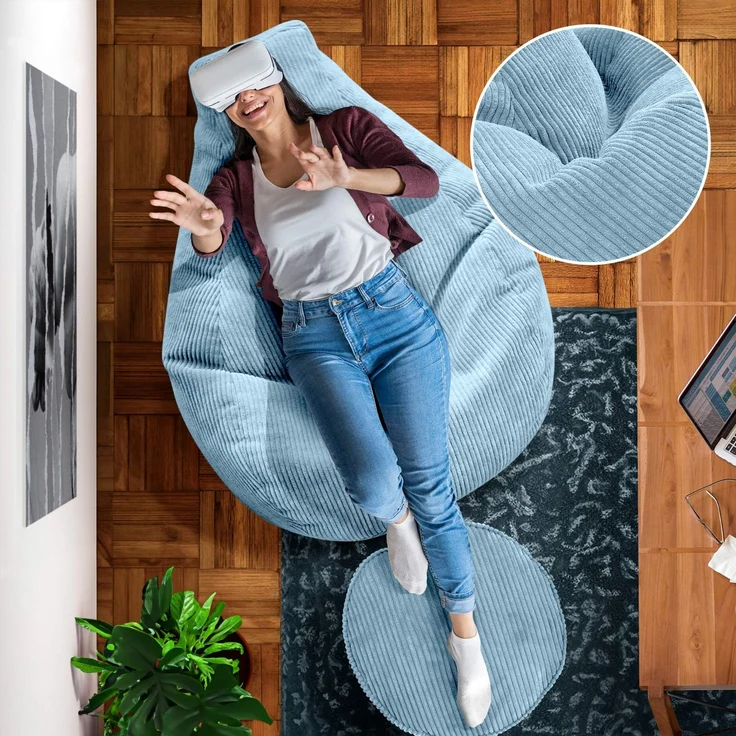 Green Bean® Sitzsack mit Hocker aus Cord - Sitzsäcke für das Wohnzimmer, Schlafzimmer, Sitzsack-Sessel für Erwachsene Hellblau – Bild 5