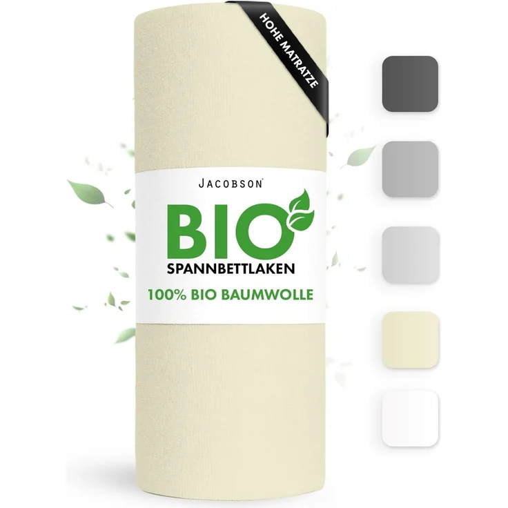 Jacobson Spannbettlaken BIO, Jersey Spannbetttuch, Bettlaken 160 g/m², 100% BIO-Baumwolle, Gummizug: rundum, GOTS zertifiziert – Bild 1