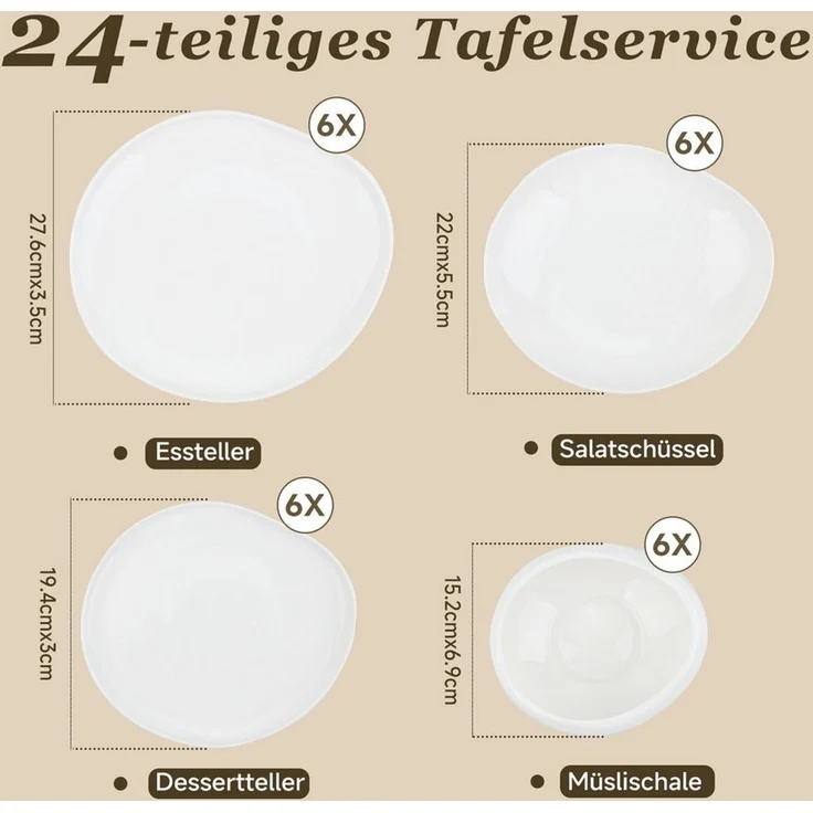 HOMELUX Geschirr-Set 24-tlg Teller Set Tafelservice Kombiservice Geschirrset Modernes, Weiß (24-tlg), 6 Personen, Keramik, Hochwertiges Geschirr set, spülmaschinen- & mikrowellengeeignet – Bild 3