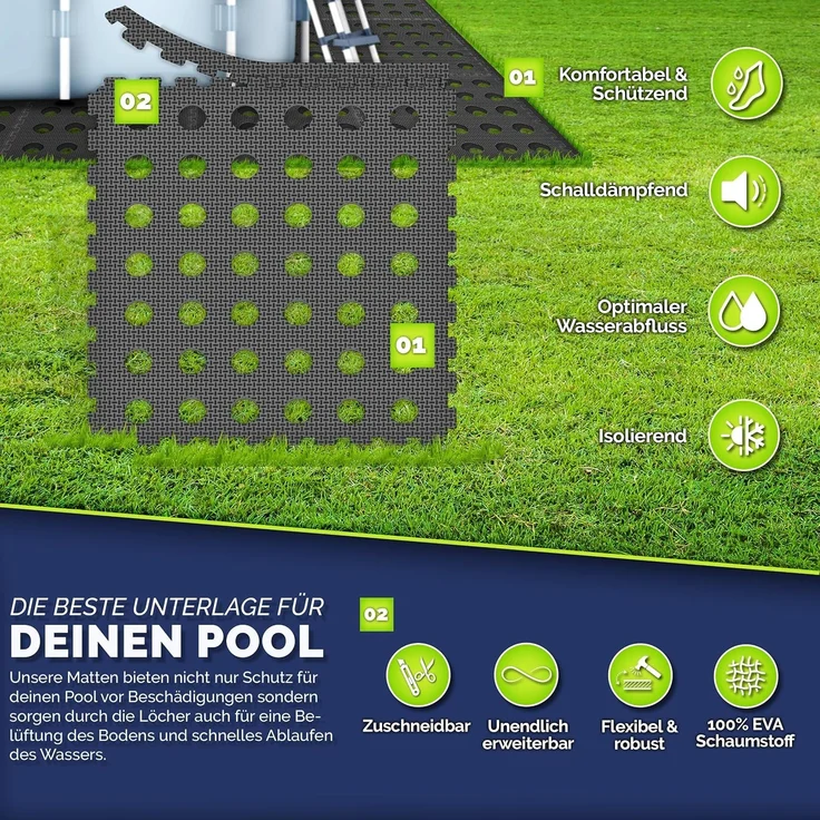 tillvex® Pool Bodenschutzmatte mit Löchern 4 Stück Schwarz | Unterlegmatte für Pool & Planschbecken 51x51 cm | Poolmatte Bodenmatte Outdoor | Poolunterlage Bodenschutz Matten wärmeisolierend | Whirlpool Bodenfolie weich – Bild 6