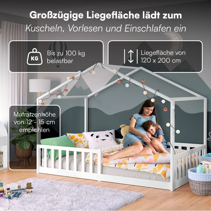 Bellabino 'Bia' Hausbett 120x200 cm mit Matratze, weiß, Kiefer Massivholz, Bodenbett in Hausoptik, Montessori Kinderbett mit Rausfallschutz und Lattenrost – Bild 5