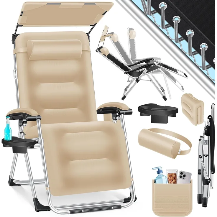 KESSER® Sonnenliege Liegestuhl, klappbare XXL Gartenliege Wetterfest, Belastbar 200kg, Ergonomisches Polster verstellbare Rückenlehne inkl. Nackenkissen Getränkehalter & Armpolster, mit Dach Beige