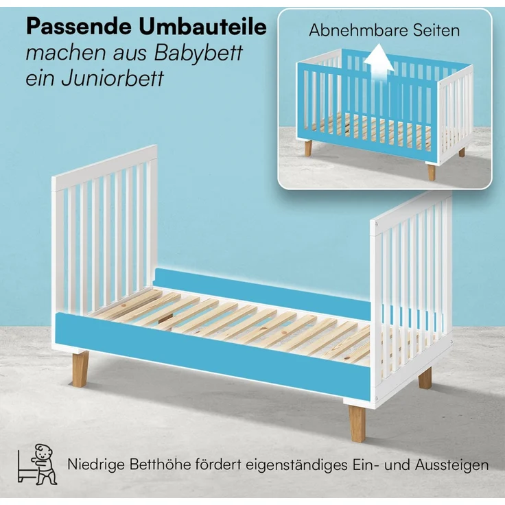 Bellabino 'Liri' Babybett 70x140 cm, weiß, 3-fach höhenverstellbar, Kinderbett umbaubar zum Juniorbett (inkl. Umbauseiten) – Bild 5