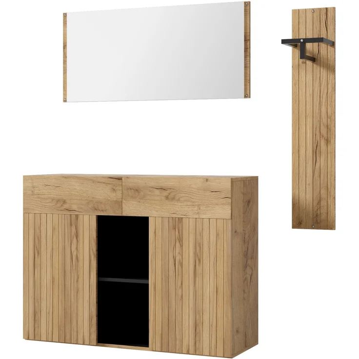 DESVIAE Garderobenschrank-Set 3-tlg. Natural/Schwarz aus MDF/Spanplatte – 125x178x35 cm – Spiegel, Schubladen – Bild 8