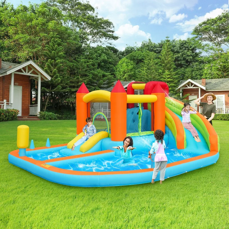 LVHOM Aufblasbare Hüpfburg mit Gebläse, Spielpool, Trocken-/Wasserrutsche, Springburg Outdoor, Wasserpark mit Trampolin, Planschbecken, 460 x 343 x 190cm – Bild 5