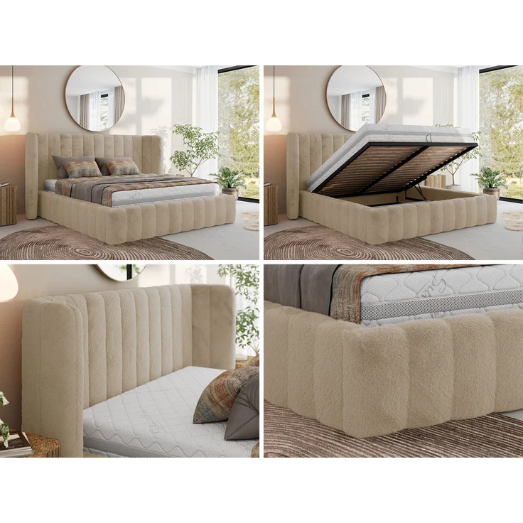 Polsterbett GOLETTA CLASSIC 180 x 200 cm mit gepolstertem Kopfteil, stabilem Bettrahmen, Lattenrost und Bettkasten mit Gasdruckfedern, Doppelbett, zeitloses Design - Creme Plüsch – Bild 2