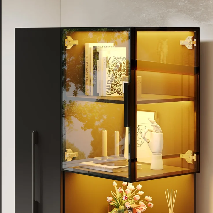 Vitrine 70x38x160 cm in Schwarz mit Hartglas, Ausziehregalen und LED-Beleuchtung – Bild 8
