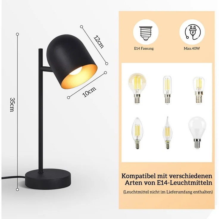 Nettlife Nachttischlampe Vintage Schwarz E14 Wohnzimmer Tischlampe Moderne Tischleuchte, LED wechselbar, für Schlafzimmer Arbeitzimmer Schreibtisch Kinderzimmer – Bild 3