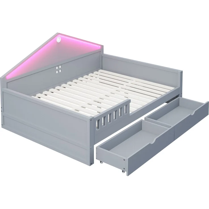 Einzelbett 140x200 cm mit LED und 2 Schubladen – Grau, Ohne Matratze – Bild 6