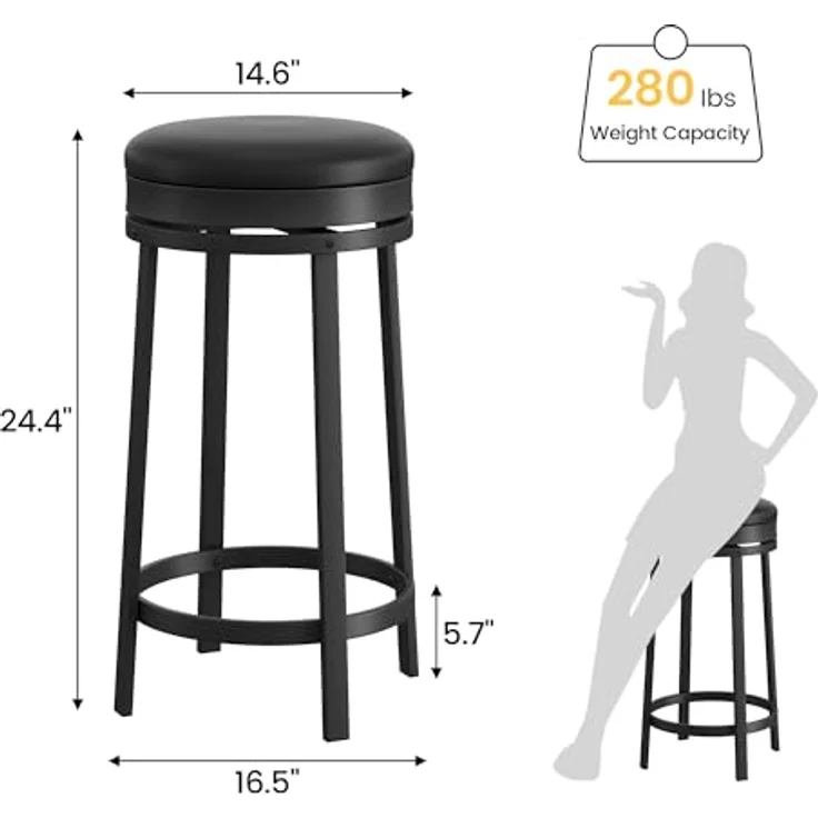 GarveeHome 360°Drehbar Runde Barhocker 2er Set, 62cm Hoch Barstühle mit Fußstütze, Küchenthekenhocker mit PU-Kunstleder und Metallrahmen, Hocker für Bartisch, Küchenstühle für Küche/Bar, Schwarz – Bild 2