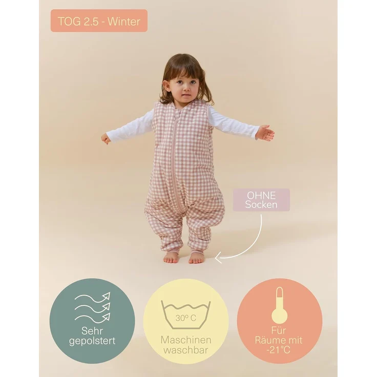 molis&co - Baby Schlafsack mit Füßen 2.5 TOG - Ganzjahres Schlafsack - Babyschlafsack mit Beinen - 100% Baumwolle (Oeko-TEX 100), Winterschlafsack Premium Qualität - Dusty Rose (117 cm) – Bild 4