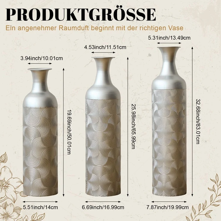 LVHOM 3er Set Bodenvase, Große Vasen aus Metall mit Rillenmuster, Dekovase für Trockenblumen, Höhen 50/66/83 cm, Vasen Set für Wohnzimmer, Flur und Büro, Silber – Bild 5