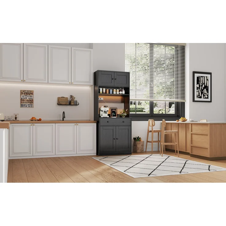 U-life Küchenschrank, fürs Wohnzimmer, Hochschrank mit LED, Küchenregal mit Steckdose, Gewürzregal, Durchdachtes Stauraumkonzept, MDF, Schwarz – Bild 7