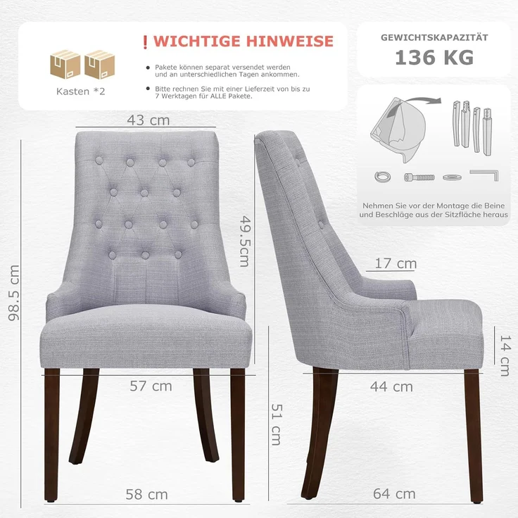 COLAMY Esszimmerstühle 4er Set, Moderne Küchenstuhl Gepolsterte Esszimmerstühle im Wingback, Polsterstuhl Wohnzimmerstuhl mit Knopfsteppung für Esszimmer, Küche, Restaurant mit Holzbeinen, Hellgrau – Bild 2