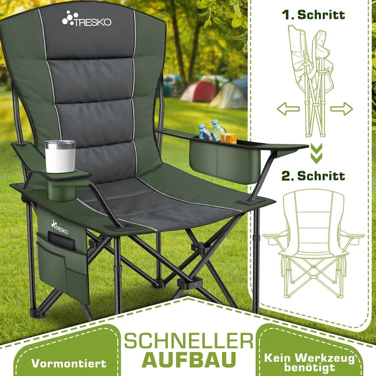 TRESKO® Campingstuhl Faltbar bis 200kg | Faltstuhl mit Kühltasche, Getränkehalter & Seitentasche | Klappstuhl XXL inkl. Tragetasche | Angelstuhl gepolstert für Outdoor, Angeln, Festival & Garten – Bild 3