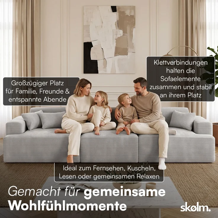 skølm 'Freki' Cloud Sofa 3 Sitzer, Vollschaumcouch mit Federkern und Vakuum-Kompression, kein Aufbau erforderlich, mit 3 Kissen, Cord grau – Bild 4