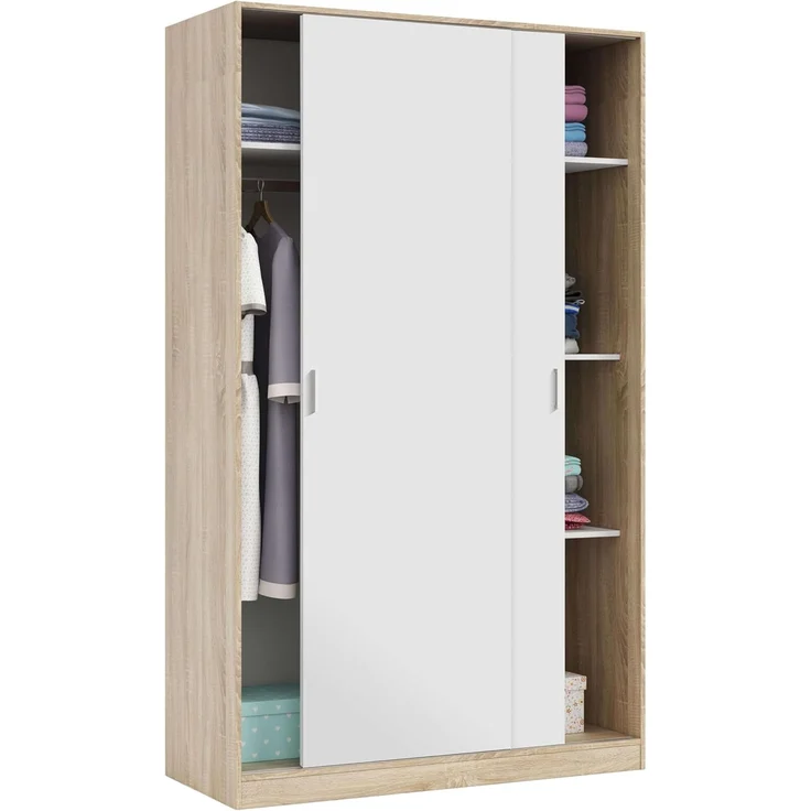 Kleiderschrank mit Zwei Schiebetüren und DREI Einlegeböden, Eichenfarbe und Mattweiß, Maße 120 x 200 x 50 cm – Bild 1