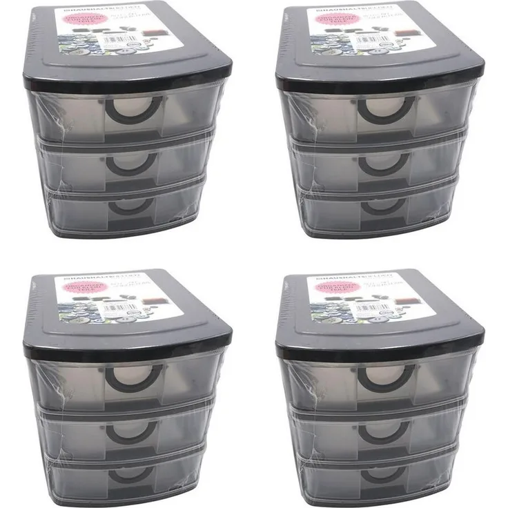 HAC24 Aufbewahrungsbox Schubladenbox Organizer Stapelbar Sortierbox Kleinteilebox (4 St), 19 x 14,5 x 16 cm, 3 Schubladen