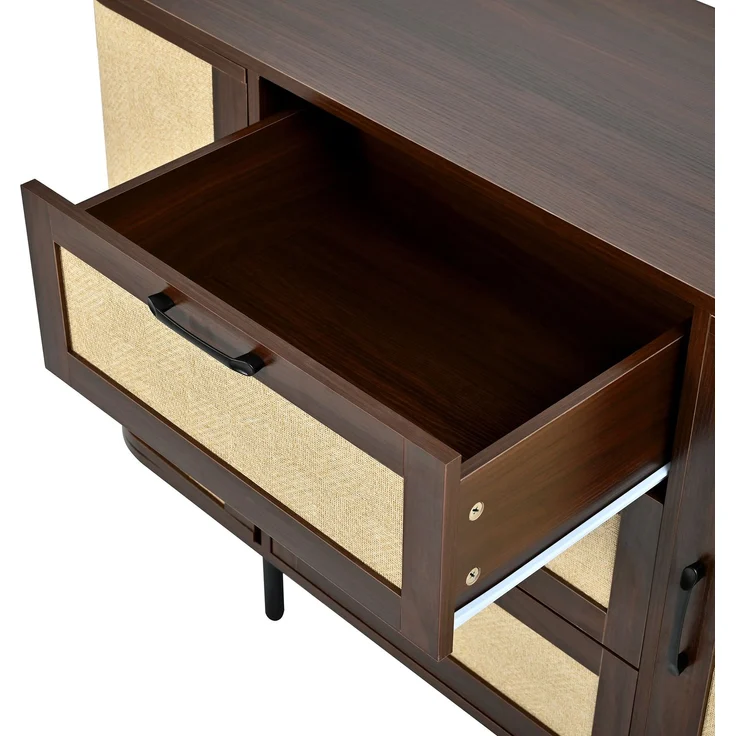 Flieks Sideboard 120 x 40 x 82 cm mit 2 Türen, 3 Schubladen, Geflechtfronten und verstellbaren Einlegeböden, Walnussholzoptik – Bild 9